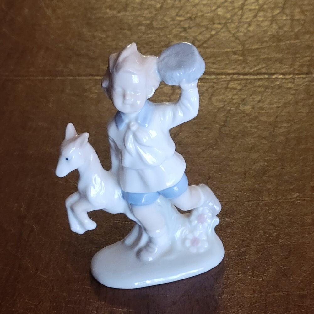 Vintage Lego Japan Boy & Dog Figurine Fine Porcelain Pastels High Gloss 1970s